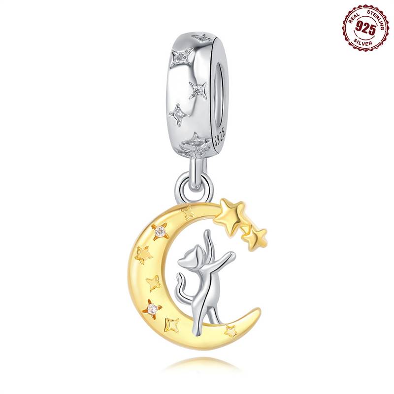 S925 Sterling Silver 3d Golden Moon And Cat Inlaid - Temu